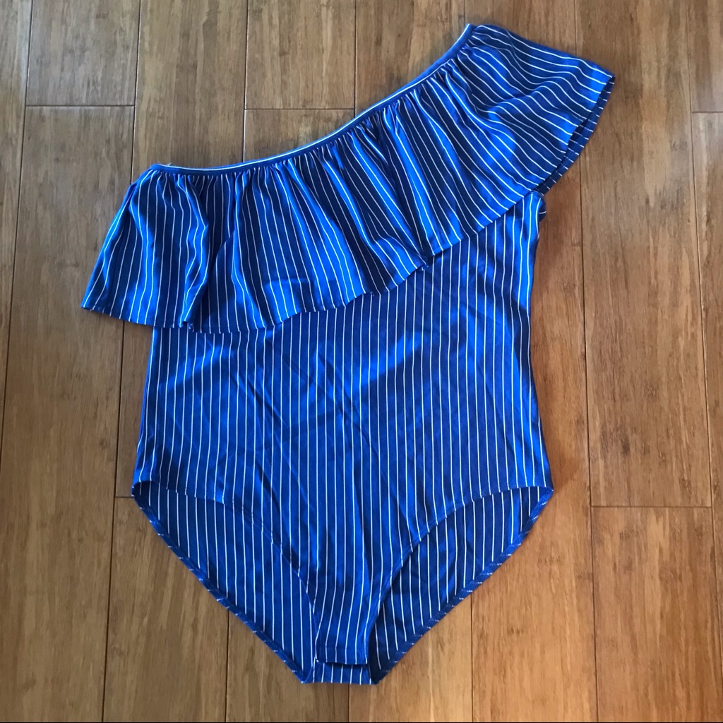 Blue Striped One Shoulder Bodysuit Brand Mark Blue Striped One Shoulder Bodysuit Brand Mark